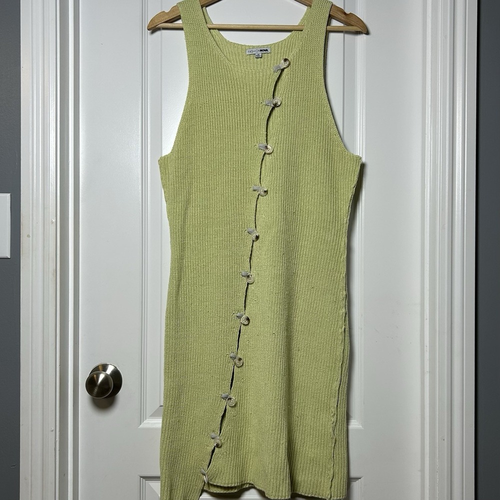 Fashion Nova Lime Green Ribbed Knit Asymmetric Button Front Sleeveless Dress